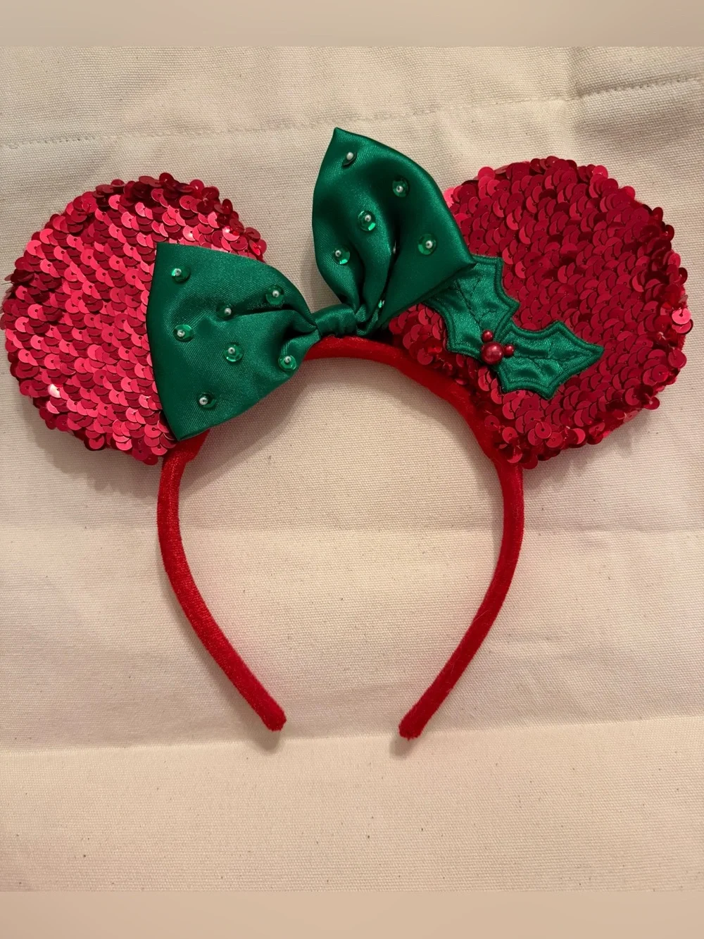 Walt Disney World Parks Holiday Sequin Mouse Ears Headband Green Bow Holly Red